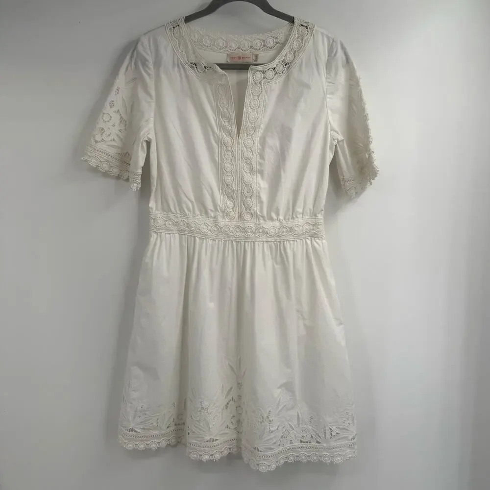 Tory Burch Cotton Lace Trimmed Larissai Dress Womens Sz 4 White Short Sleeve